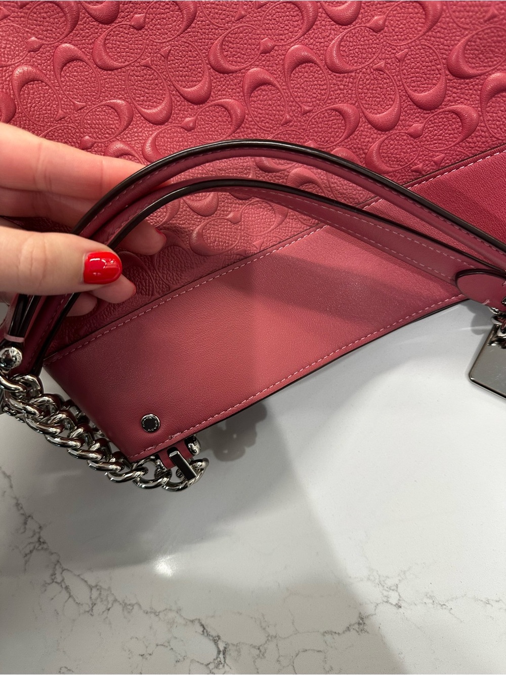 Coach pink Embossed Leather Tote with Chain-Detail - Picture 5 of 12